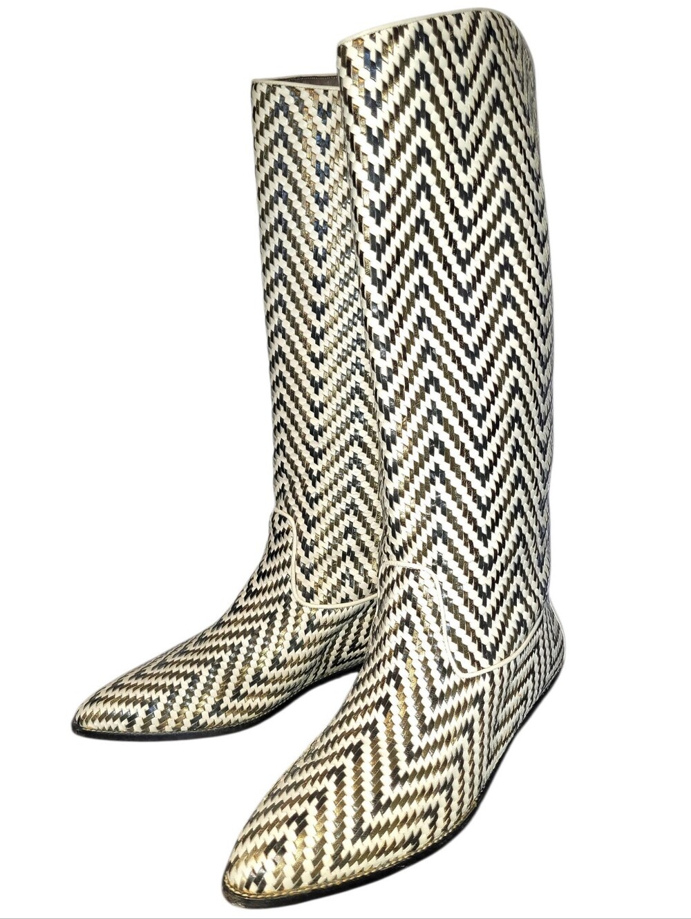 Glacee Spain Cream Brown Metallic Bronze Herringhone Leather Boots 9 Western Vtg